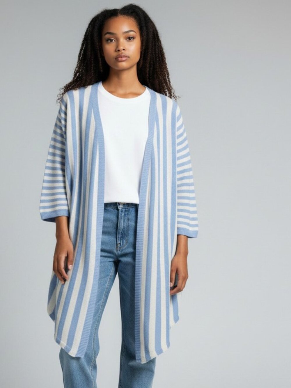Chicos Blue & White Striped Open Cardigan Size L Cotton Blend Coastal Beach